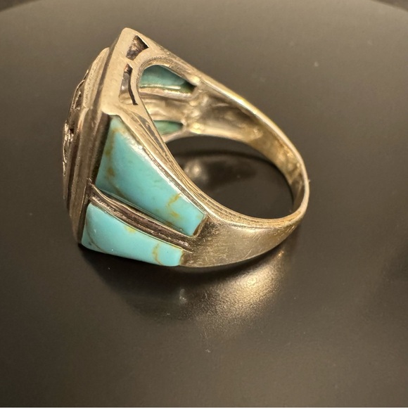 Vintage Turquoise Inlay Signet Ring Sterling Silver Southwest Style Size 7.5 - Picture 4 of 7